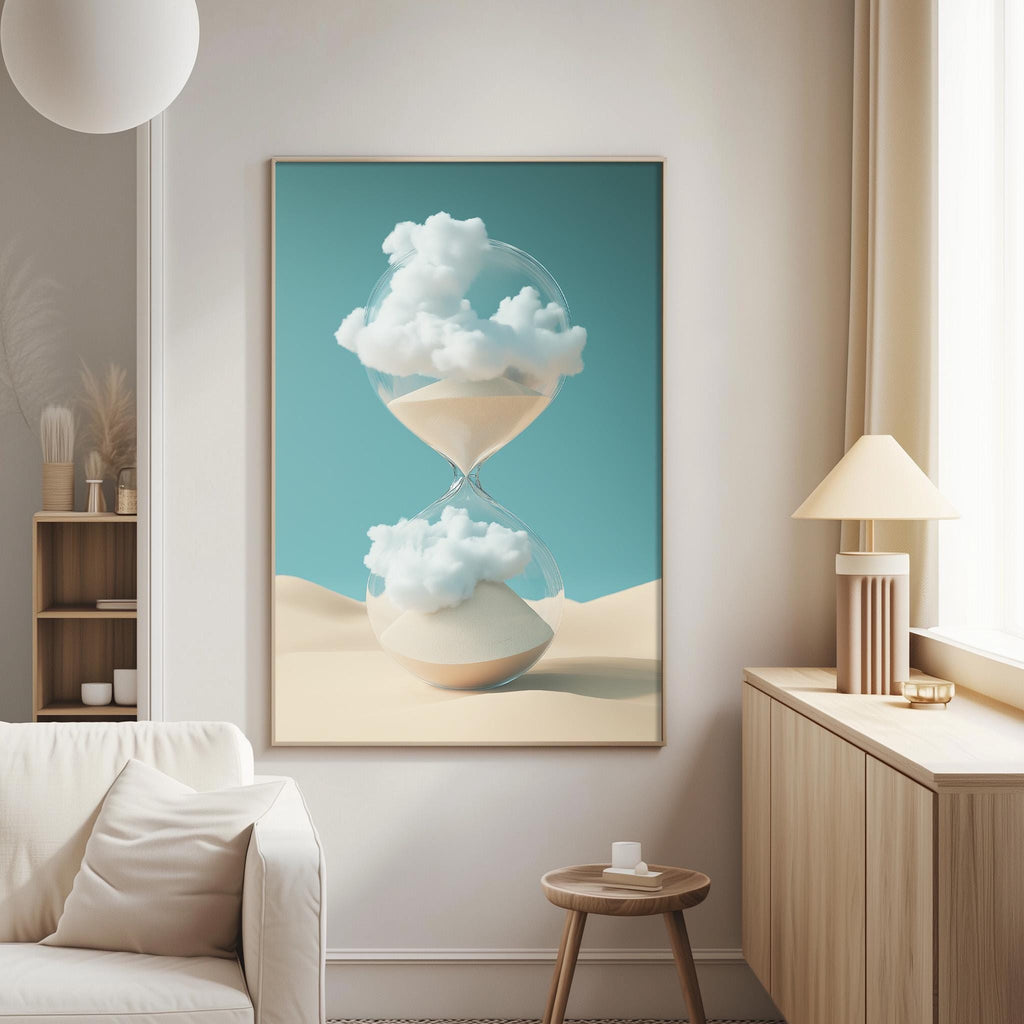 a living room with a large painting of a sand hourglass with clouds on the wall.
