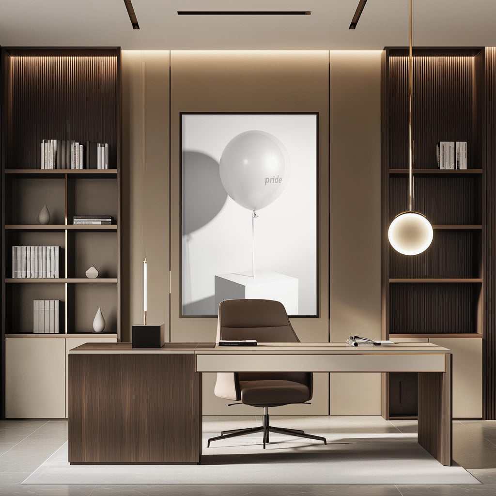 a modern and minimalist office space with a wooden desk, a comfortable-looking chair, and a large framed picture of a white balloon with the word "pride" on it. The office also features built-in bookshelves and a pendant light, creating a sleek and organized atmosphere.