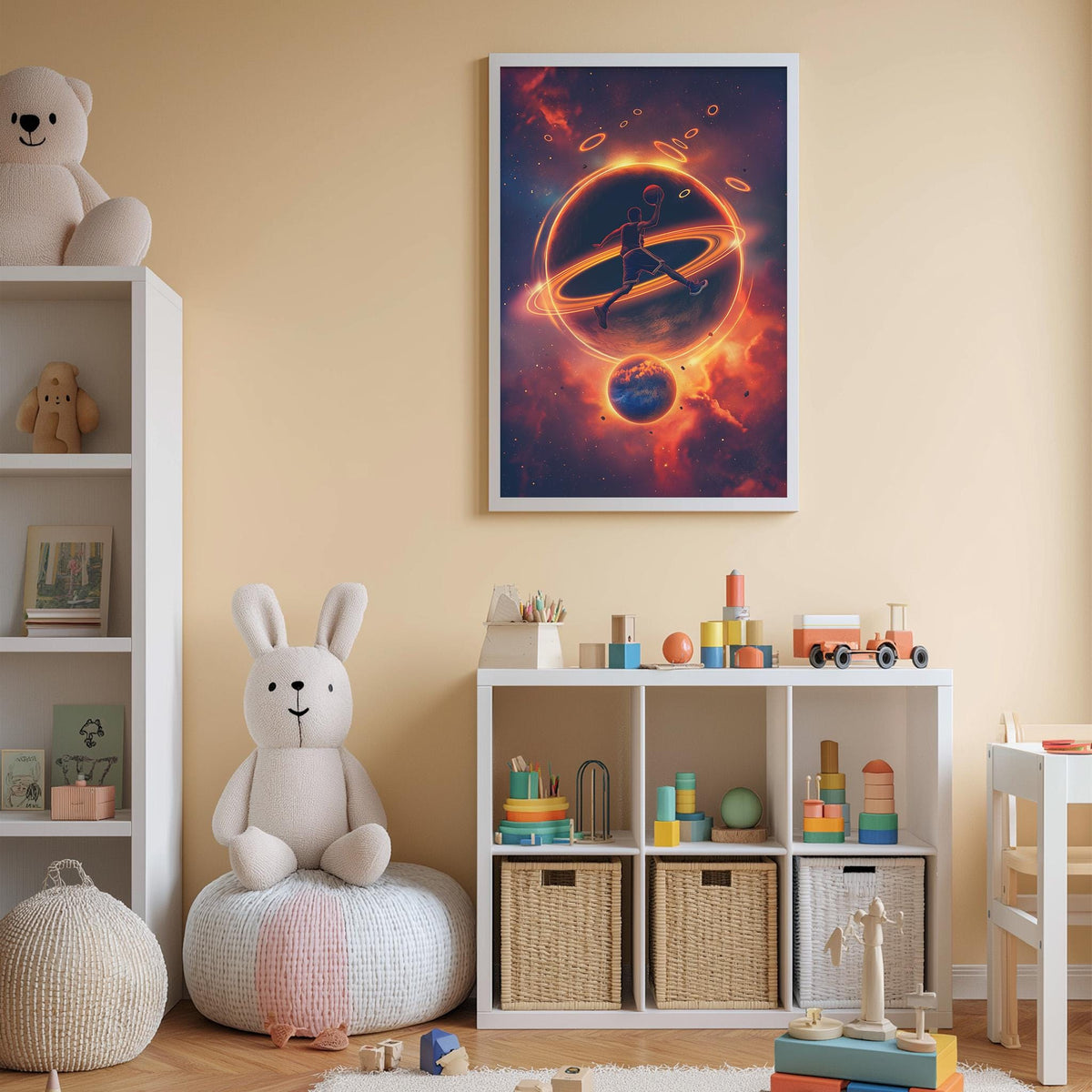 a child's bedroom with a large stuffed rabbit sitting on a bean bag chair, surrounded by various toys and a bookshelf. The room has a warm, inviting atmosphere with a colorful, cosmic-themed artwork hanging on the wall.