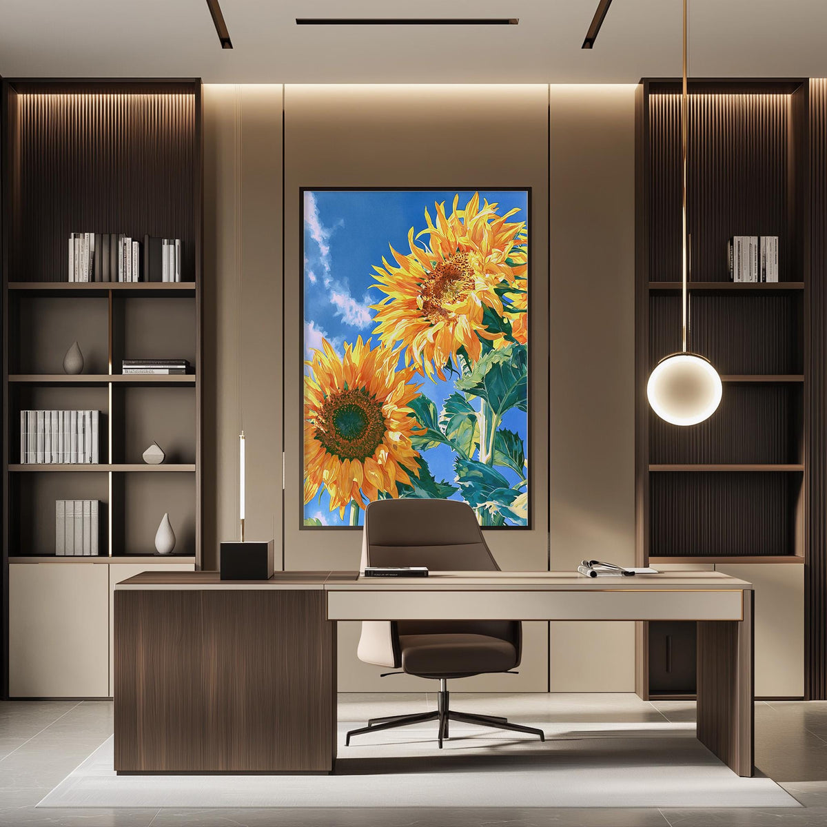 a modern office space with a large framed picture of sunflowers on the wall, creating a warm and inviting atmosphere.