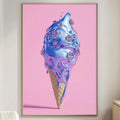 a large, colorful painting of an ice cream cone with a pink background and a blue scoop of ice cream.