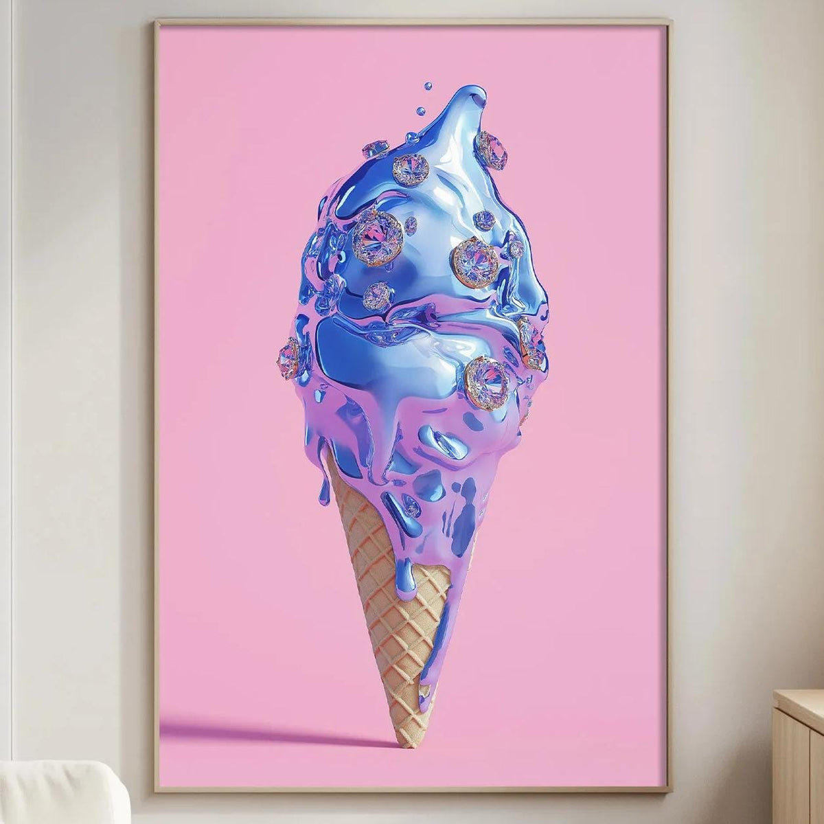 a large, colorful painting of an ice cream cone with a pink background and a blue scoop of ice cream.