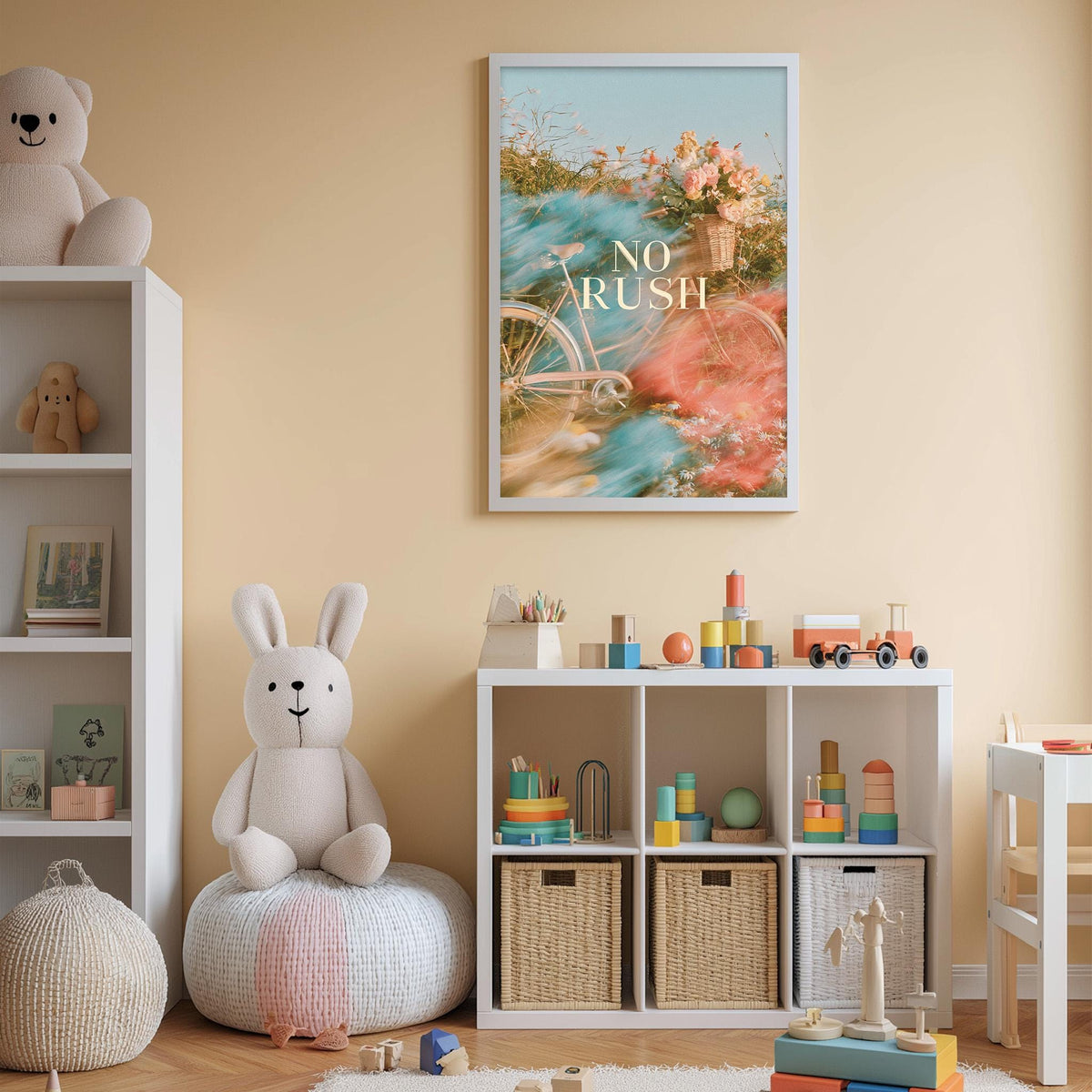 A cozy and colorful children's bedroom with a large stuffed bunny, a bookshelf, and a toy chest filled with toys. A framed poster with the text "NO RUSH" is displayed on the wall above the bookshelf.