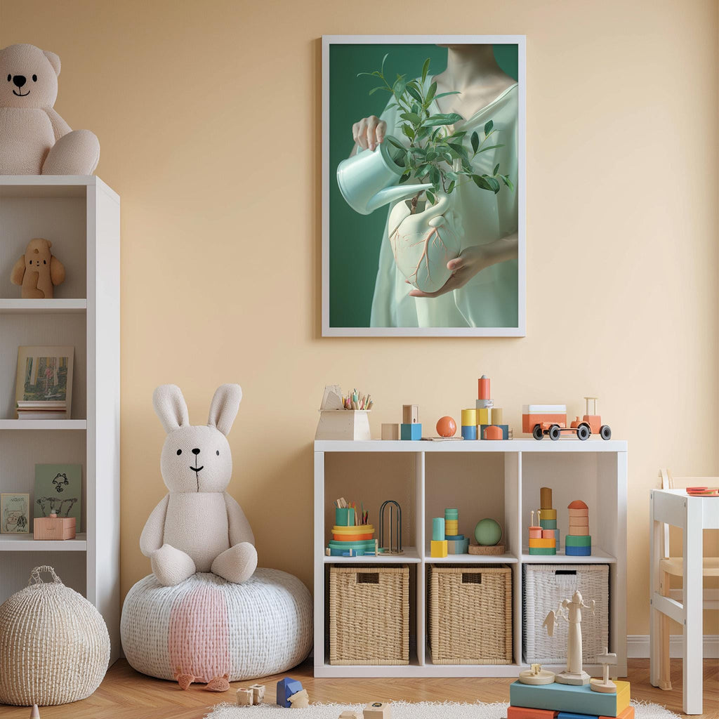 A child's bedroom with a white bookshelf, a stuffed rabbit, a toy train, and a framed artwork depicting a woman holding a plant.
