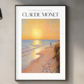 a framed painting of a beach scene with a sunset, hanging on a wall above a kitchen counter with various kitchen items and decor.