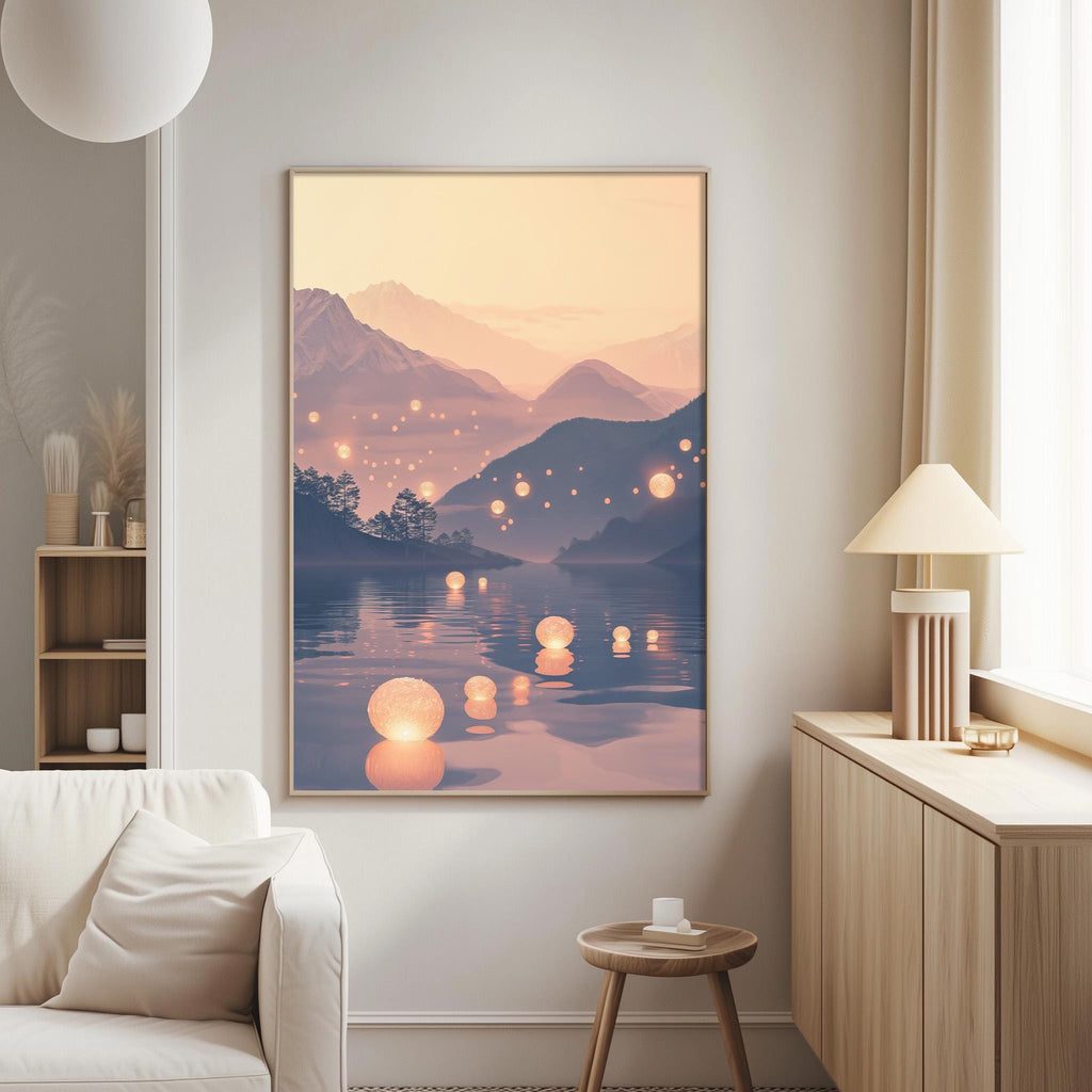 a serene living room with a large framed picture of a tranquil landscape hanging on the wall. The picture depicts a peaceful scene of a lake surrounded by mountains, with floating lanterns illuminating the water and creating a warm, glowing effect. The room is furnished with a white sofa and a wooden side table, creating a cozy and inviting atmosphere.