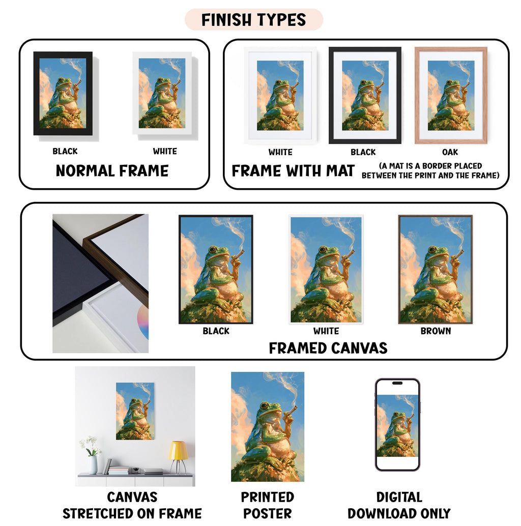 various types of artwork, including framed prints, canvas prints, and digital prints, each with different finishes and mat colors.