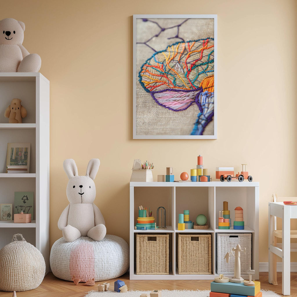 A cozy and colorful children's bedroom with a large stuffed rabbit, a bookshelf, and a toy train set. The walls are painted a light peach color, and there is a framed image of a brain on the wall.