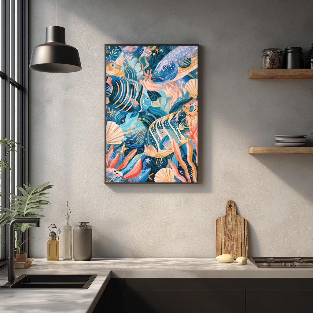 a kitchen counter with a framed painting of colorful fish and seashells hanging on the wall above it. The painting adds a vibrant and lively touch to the kitchen decor.