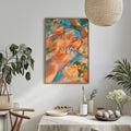 a dining table with a white tablecloth, a bowl of fruit, a bottle, and a vase with flowers. Above the table, there is a framed poster with the text "JUSTONE MORE" in the center.