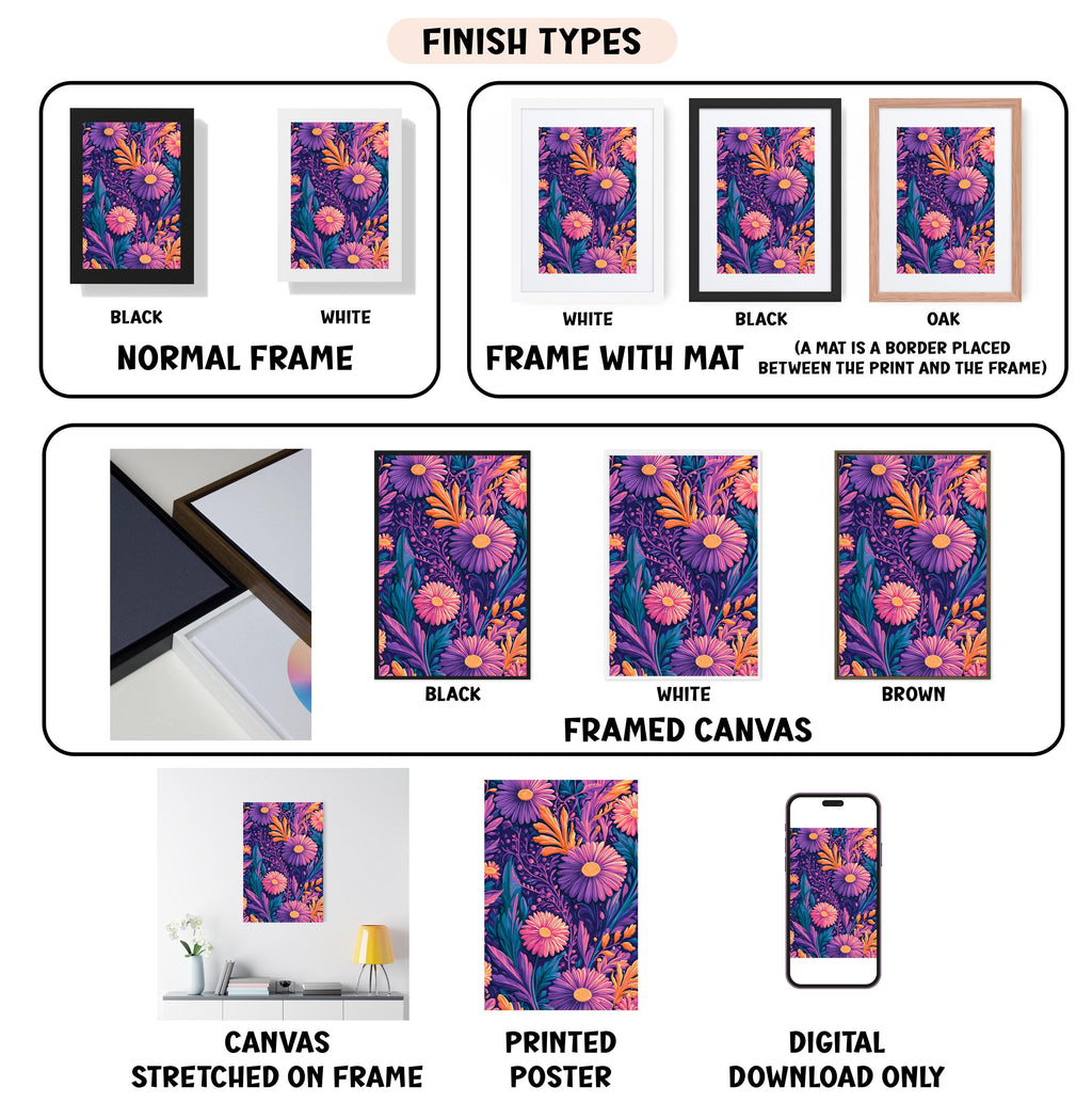 various finish types for a floral print, including canvas, framed canvas, stretched canvas, printed poster, and digital download only.