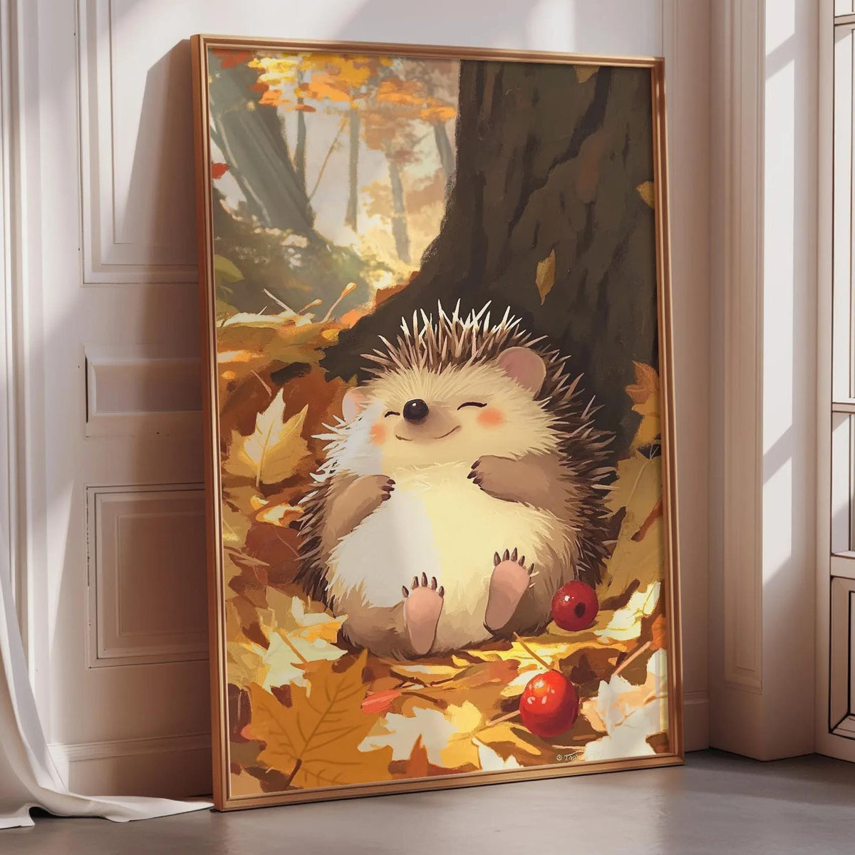 A framed illustration of a hedgehog surrounded by autumn leaves and fruits, with a serene expression on its face.