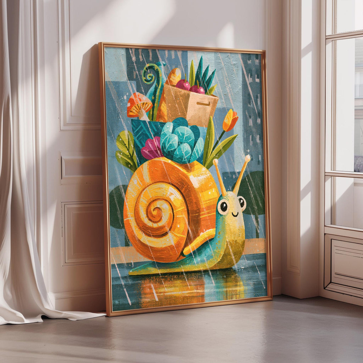 A framed painting depicting a snail carrying a basket of colorful vegetables and flowers, set against a backdrop of a rainy day.