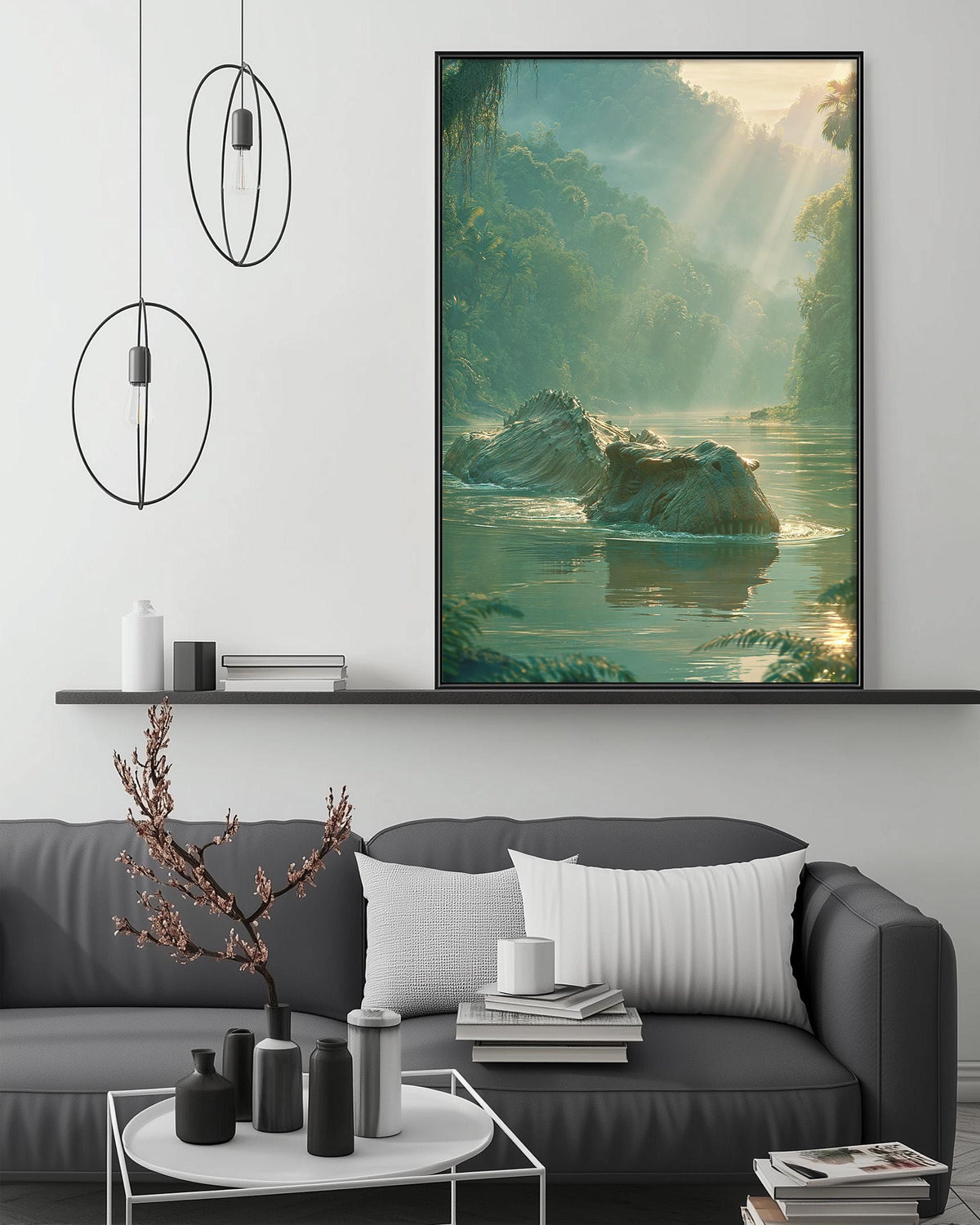 a large, framed painting of a serene landscape with a river and lush greenery, hanging on a wall above a gray couch with white pillows. The painting is surrounded by various decorative items, including a potted plant, vases, and books, creating a cozy and inviting atmosphere in the living room.