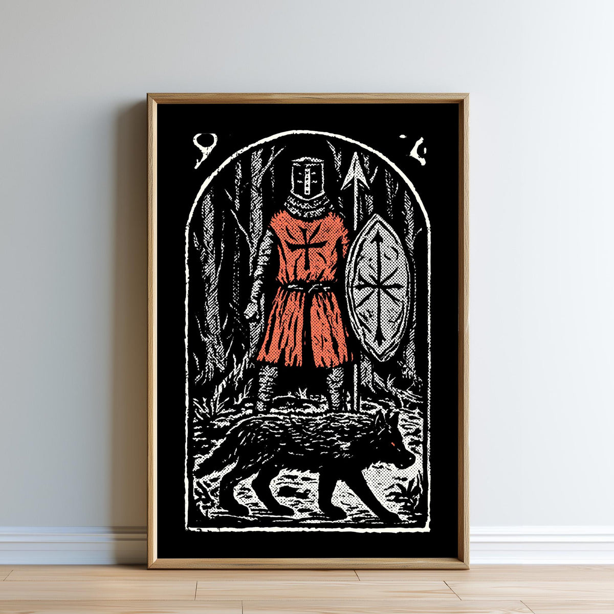 The image is a framed artwork depicting a knight in a red outfit and helmet, standing in a forest with a wolf nearby.