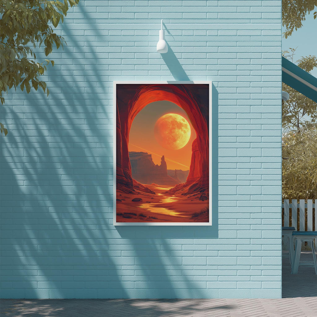 a large, framed painting of a desert landscape with a large, bright orange moon in the sky.