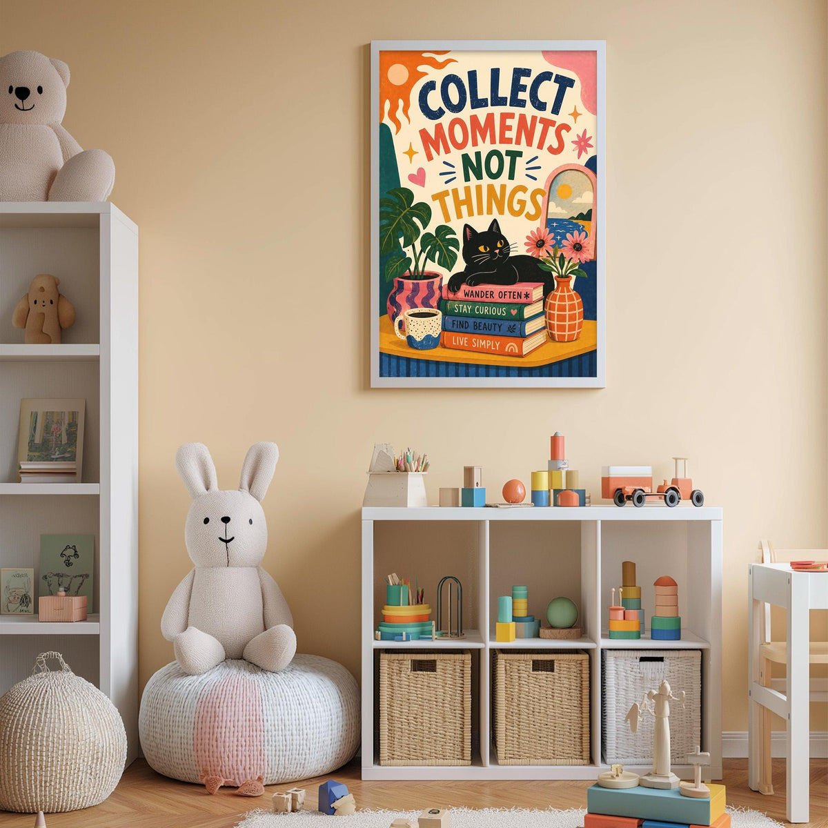 A child's bedroom with a colorful poster on the wall, a stuffed rabbit, a bookshelf, and various toys and storage bins.