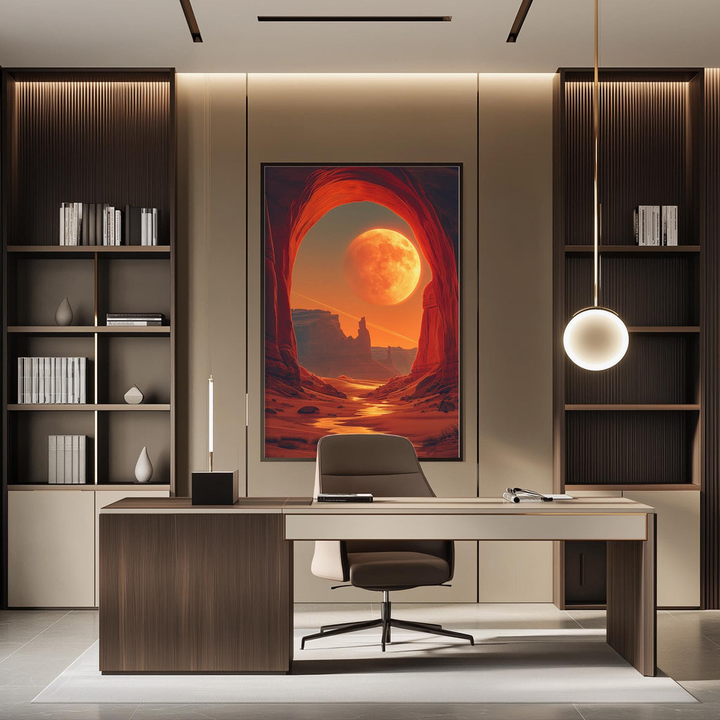 a modern office space with a large framed picture of a desert landscape hanging on the wall, depicting a red moon over a desert canyon. The office has a wooden desk and chair, and the room is well-lit with a pendant light hanging from the ceiling.
