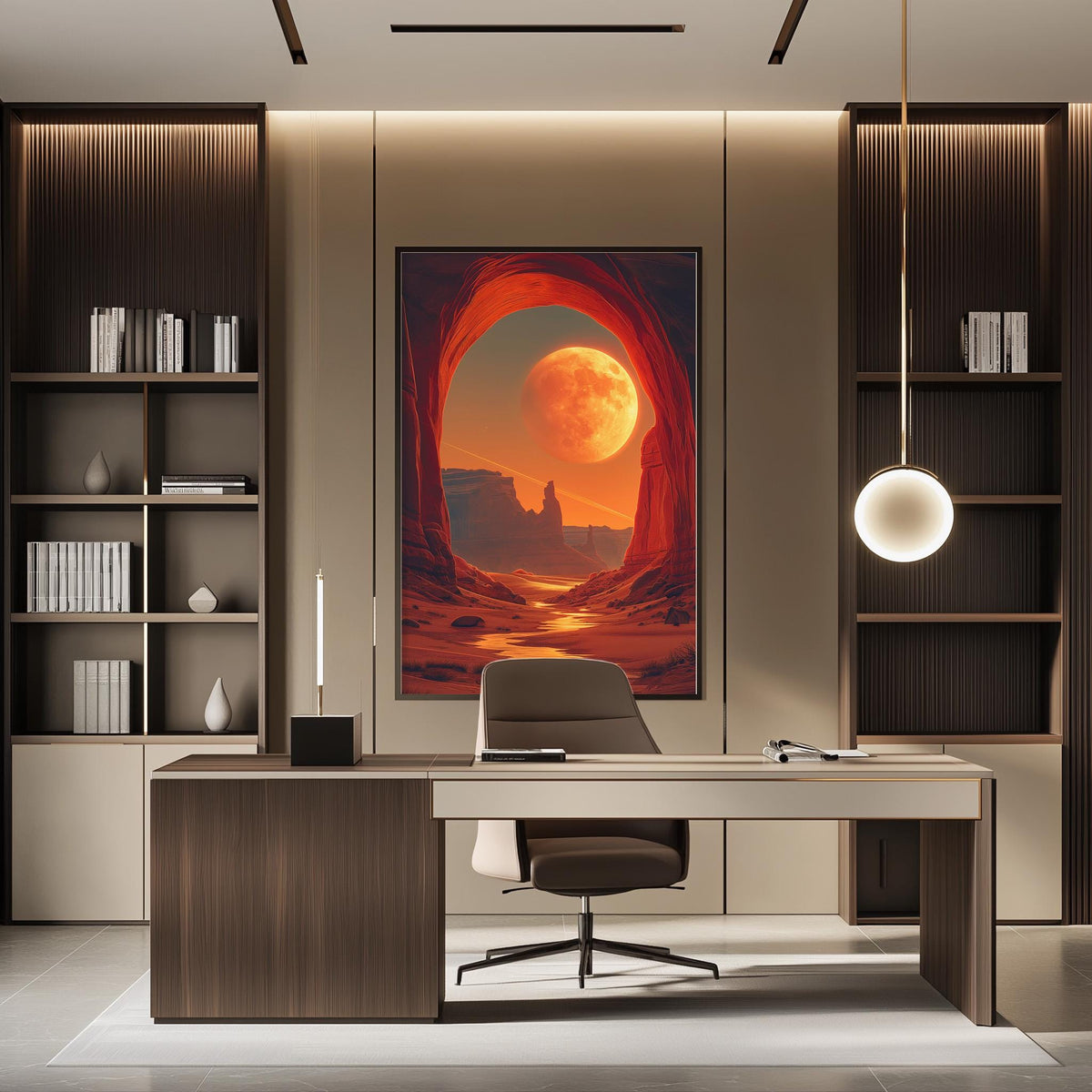 a modern office space with a large framed picture of a desert landscape hanging on the wall, depicting a red moon over a desert canyon. The office has a wooden desk and chair, and the room is well-lit with a pendant light hanging from the ceiling.