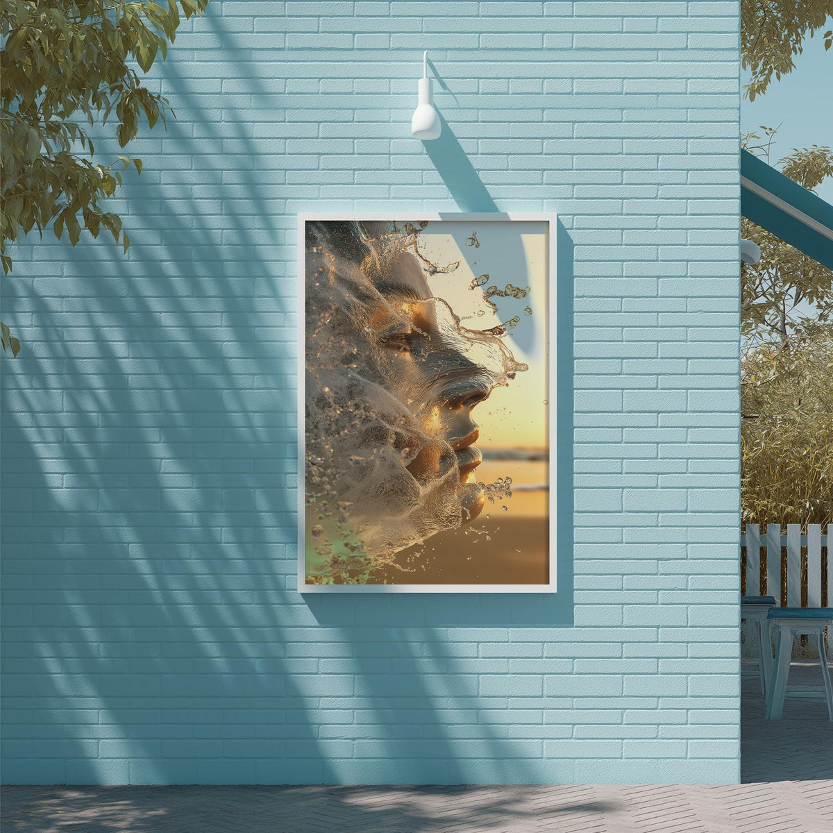 a framed artwork of a woman's face with a splash of water, displayed on a blue brick wall.