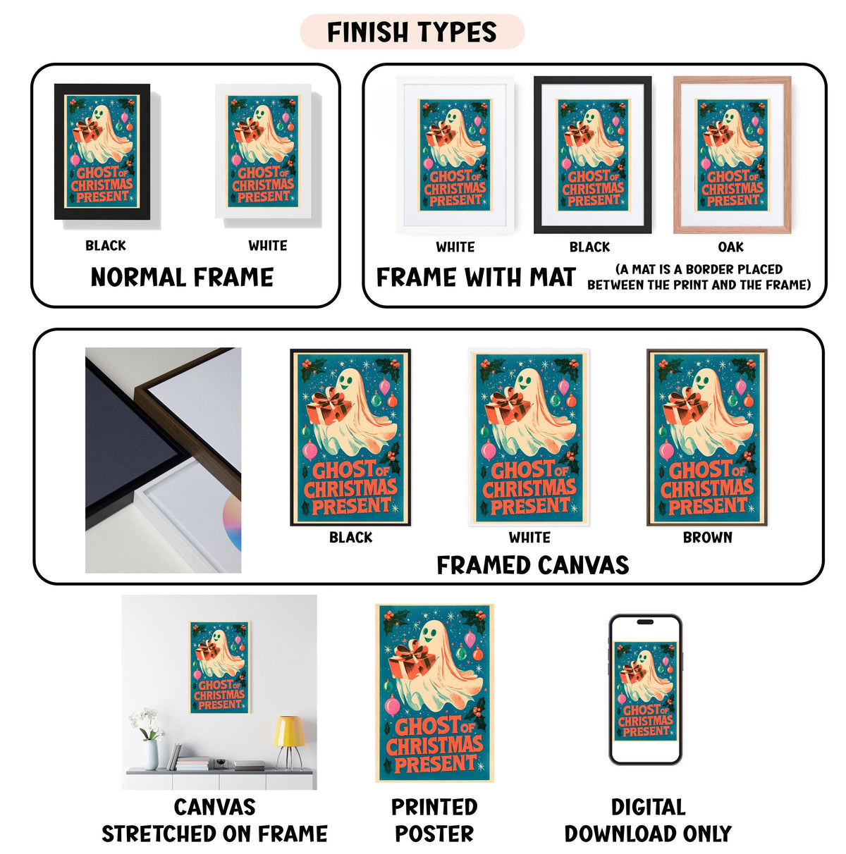 various images of a ghost-themed poster or artwork, including different frame types and finishes.