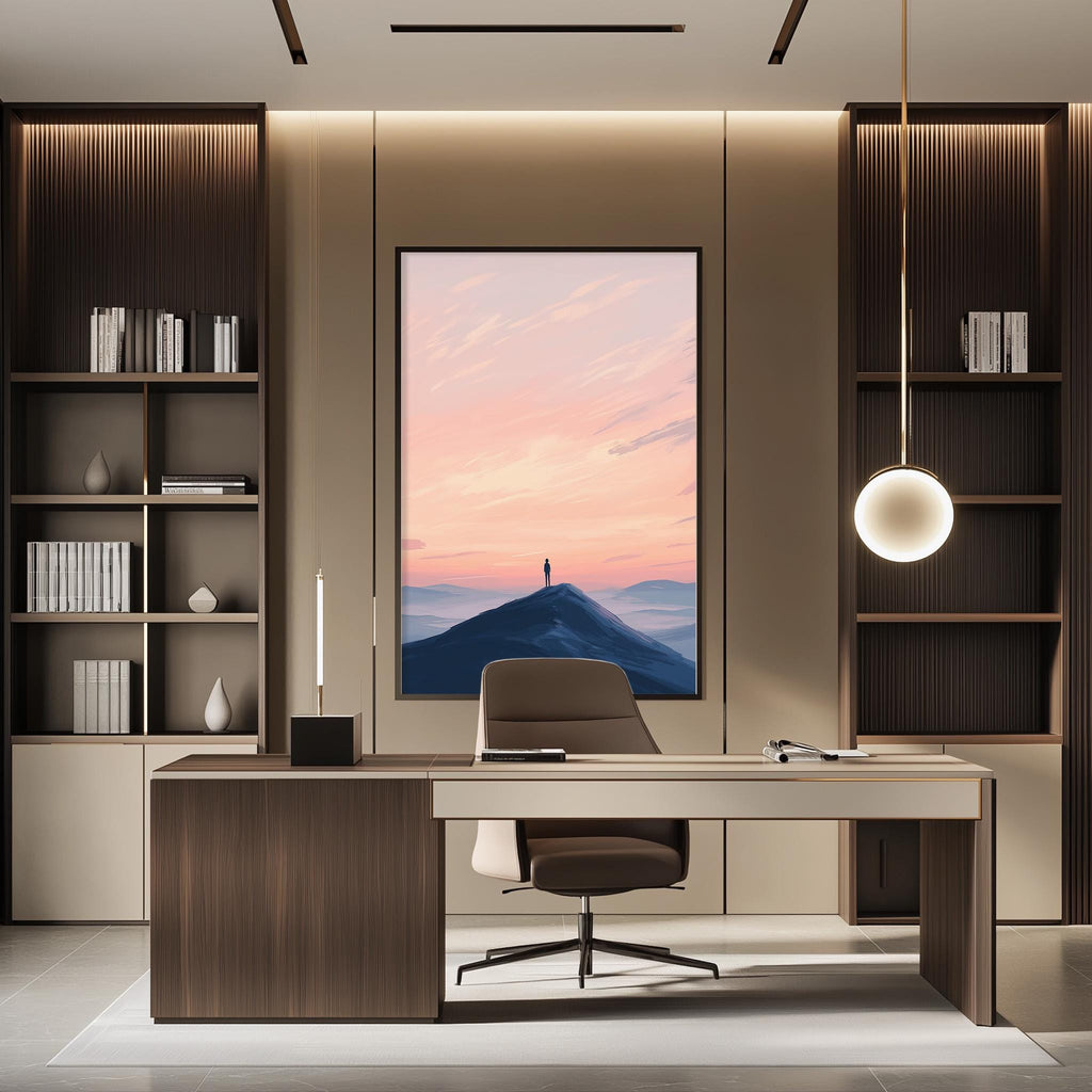 a modern and minimalist office space with a large window that offers a view of a mountain landscape at sunset. The office features a wooden desk, a comfortable chair, and a bookshelf filled with books and decorative items. The overall design and layout of the space create a serene and inspiring atmosphere.