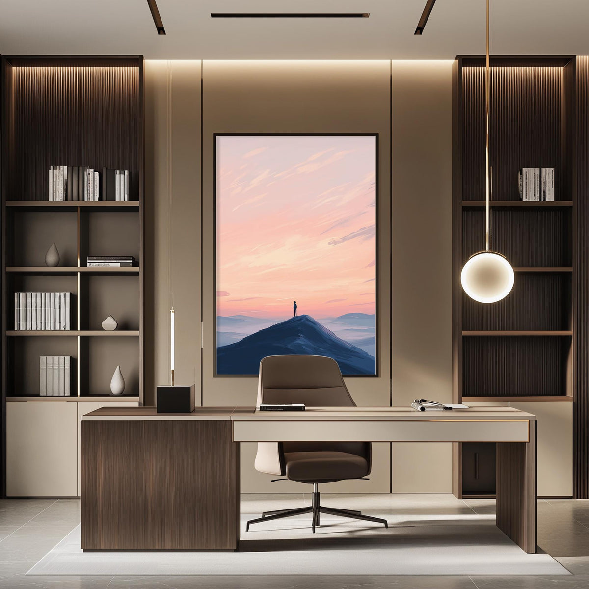 a modern and minimalist office space with a large window that offers a view of a mountain landscape at sunset. The office features a wooden desk, a comfortable chair, and a bookshelf filled with books and decorative items. The overall design and layout of the space create a serene and inspiring atmosphere.