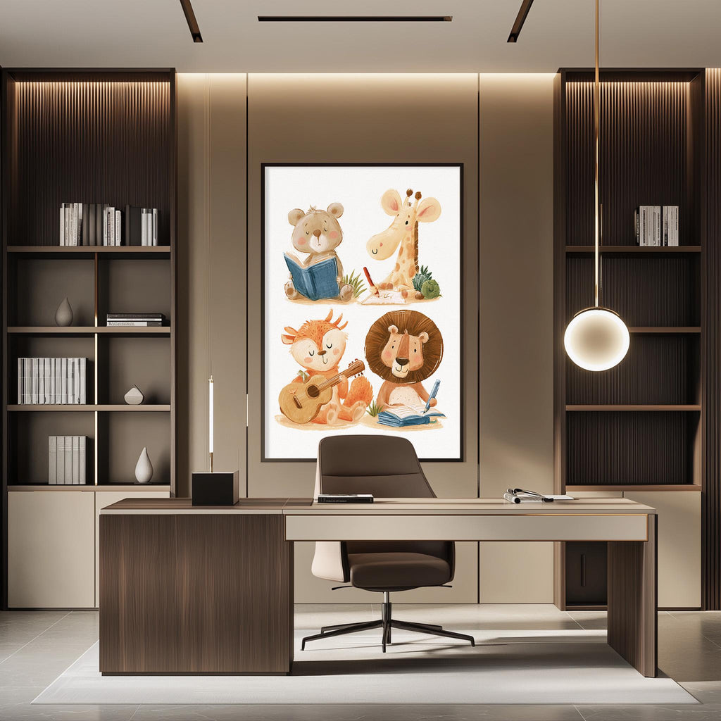 a modern office space with a large framed illustration of cartoon animals on the wall, including a giraffe, lion, and bear. The office has a wooden desk, a chair, and a bookshelf filled with books.