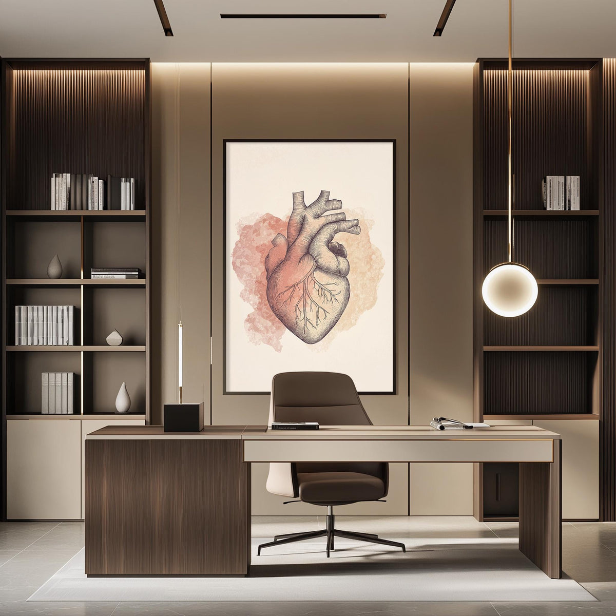 a modern and minimalist office space with a large, detailed illustration of a human heart on the wall. The office features a wooden desk, a comfortable-looking chair, and a bookshelf filled with books. The overall design and layout of the space create a professional and organized atmosphere.