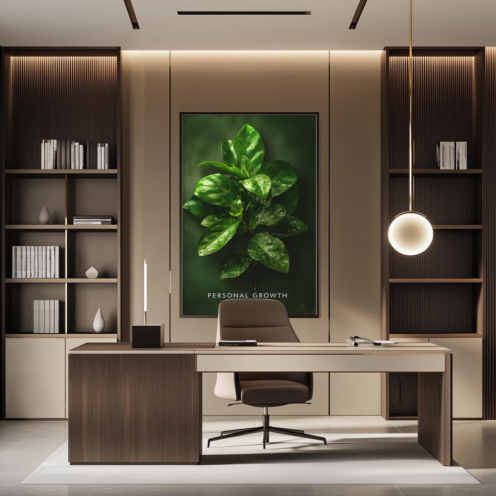 a modern and well-organized office space with a large framed picture of a green plant on the wall, a wooden desk, and a comfortable-looking chair.