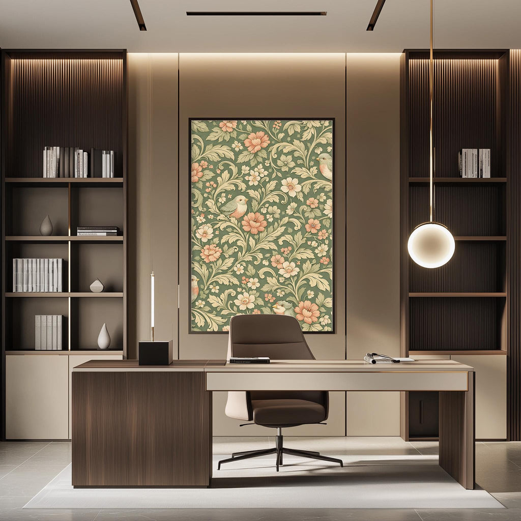 a modern and well-designed office space with a large floral print on the wall behind a desk, a comfortable-looking chair, and a pendant light above the desk.