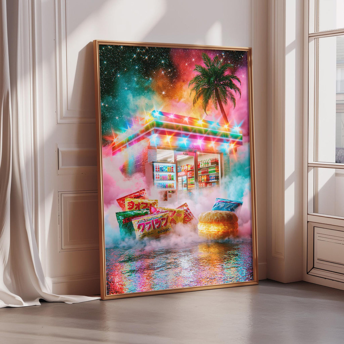 The image is a vibrant and colorful painting depicting a whimsical scene with a building, palm tree, and various objects floating in a surreal, dreamlike landscape.