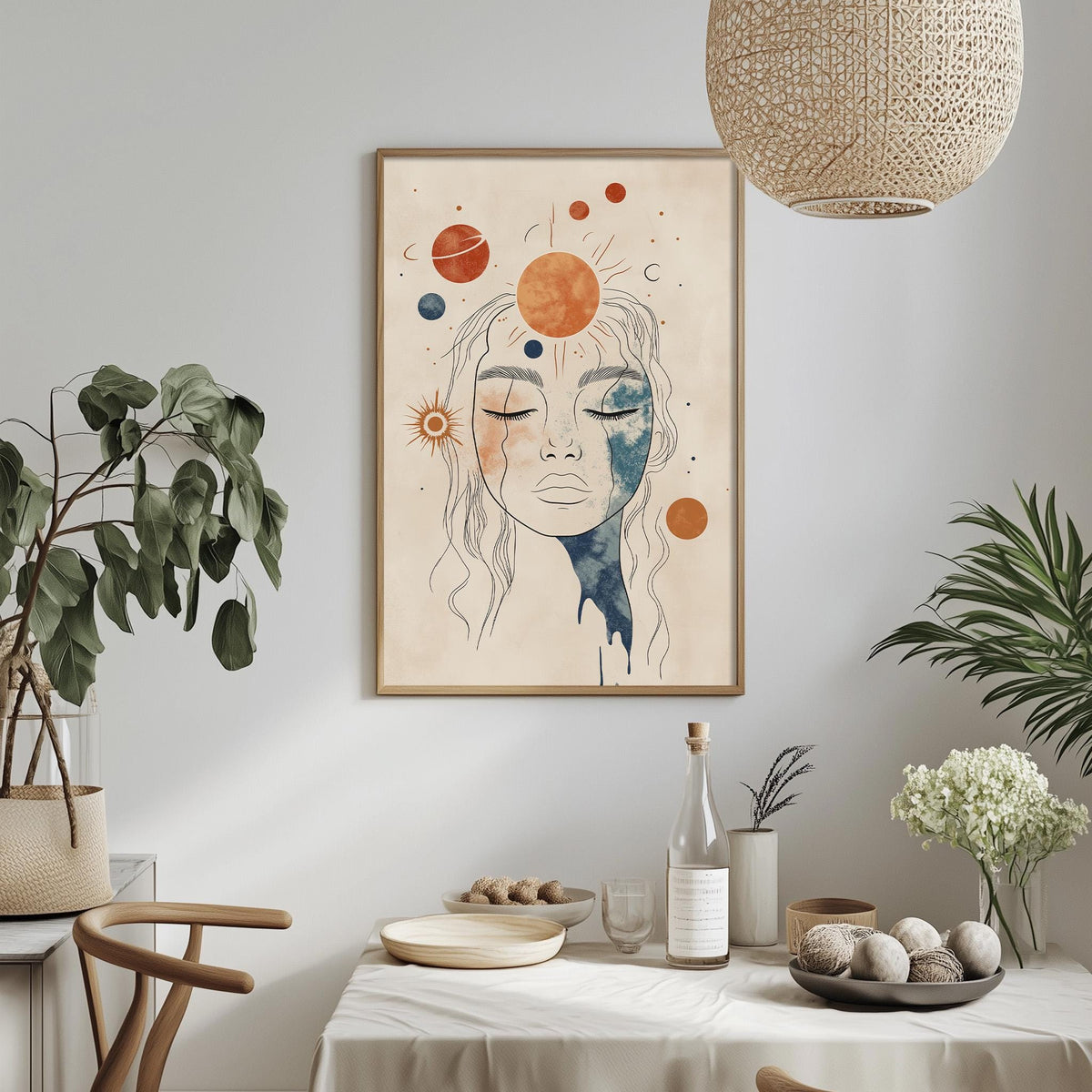 a framed artwork of a woman's face with a cosmic background, hanging on a wall above a dining table with various decorative elements.