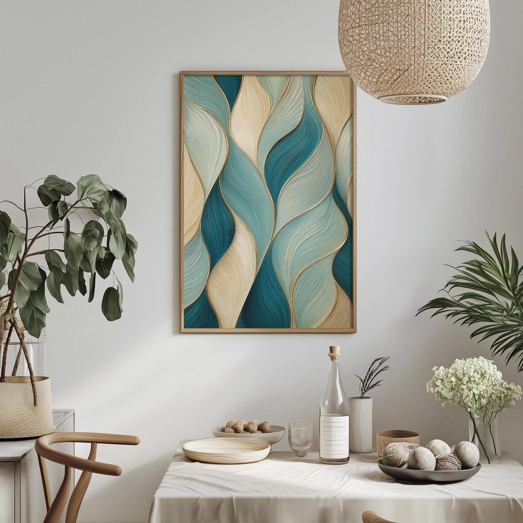 a modern dining room with a white tablecloth, a framed abstract painting hanging on the wall, and various decorative elements such as potted plants, vases, and a bowl of fruit.