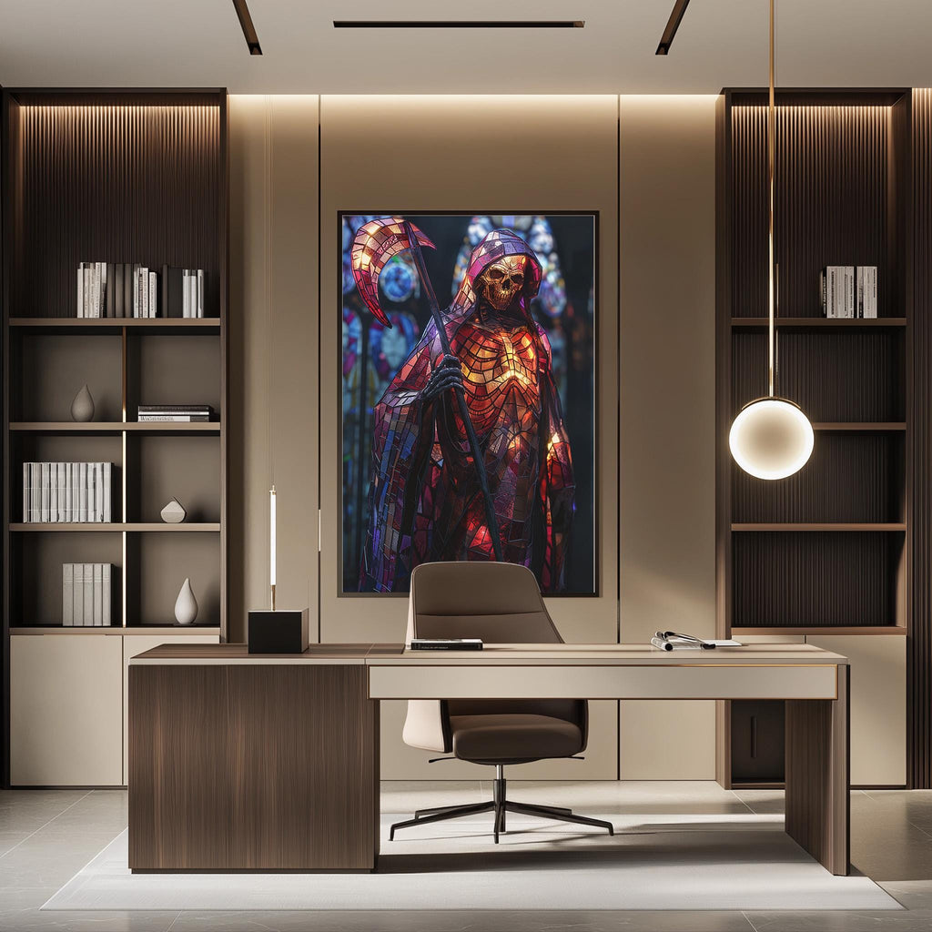 a modern office space with a large, colorful painting of a figure in a robe and headdress hanging on the wall above a desk. The desk has a chair and a lamp, and there are several bookshelves in the background.