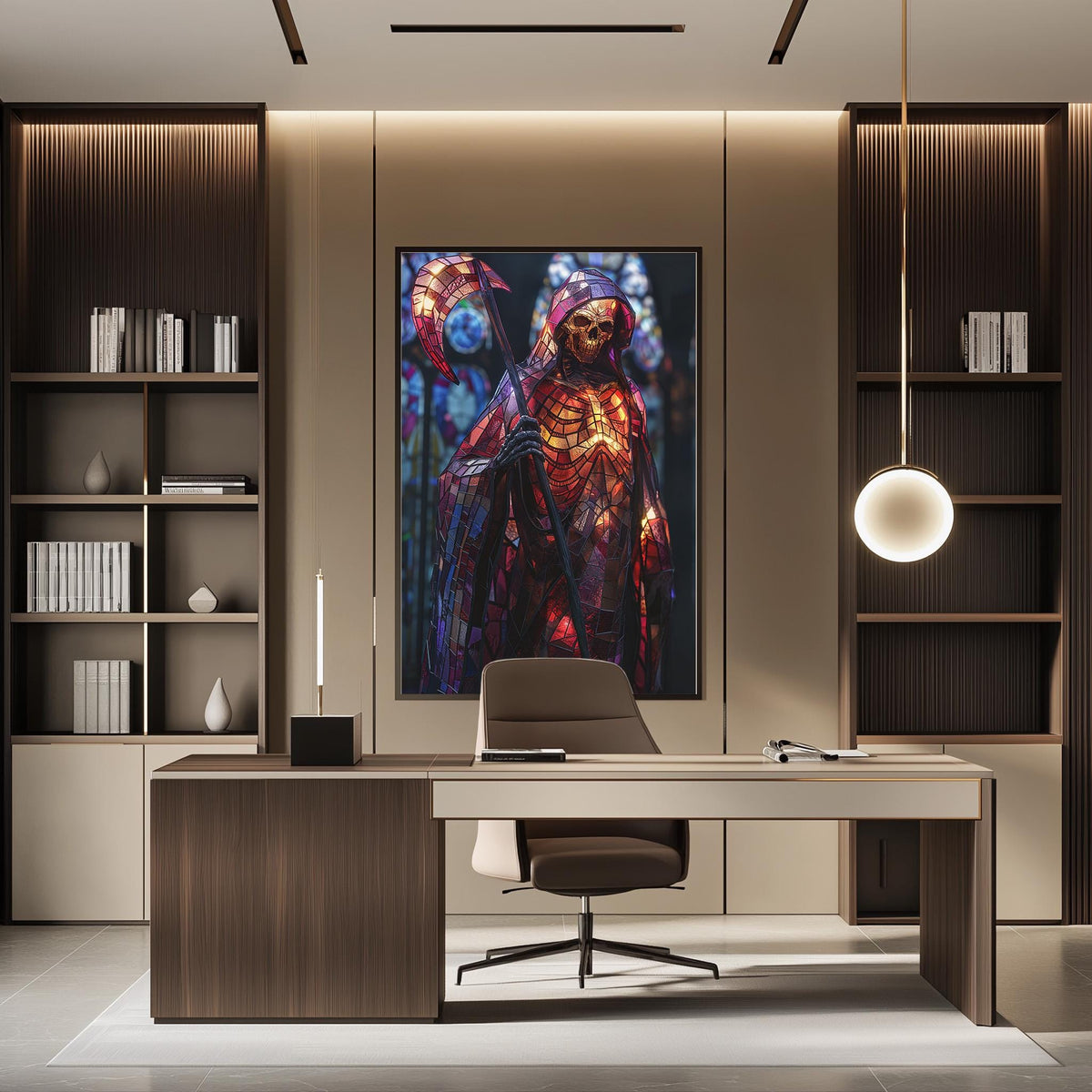 a modern office space with a large, colorful painting of a figure in a robe and headdress hanging on the wall above a desk. The desk has a chair and a lamp, and there are several bookshelves in the background.