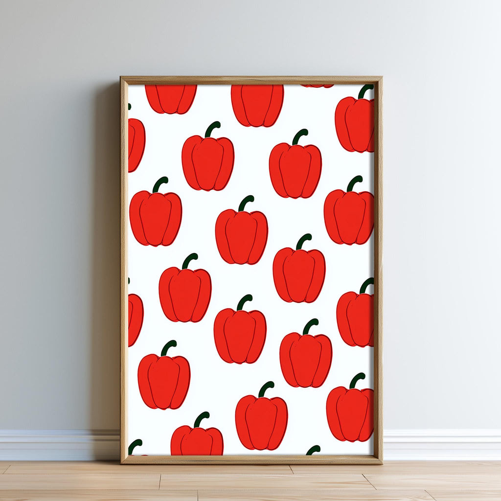 a repeating pattern of red peppers on a white background, creating a visually striking and vibrant design.