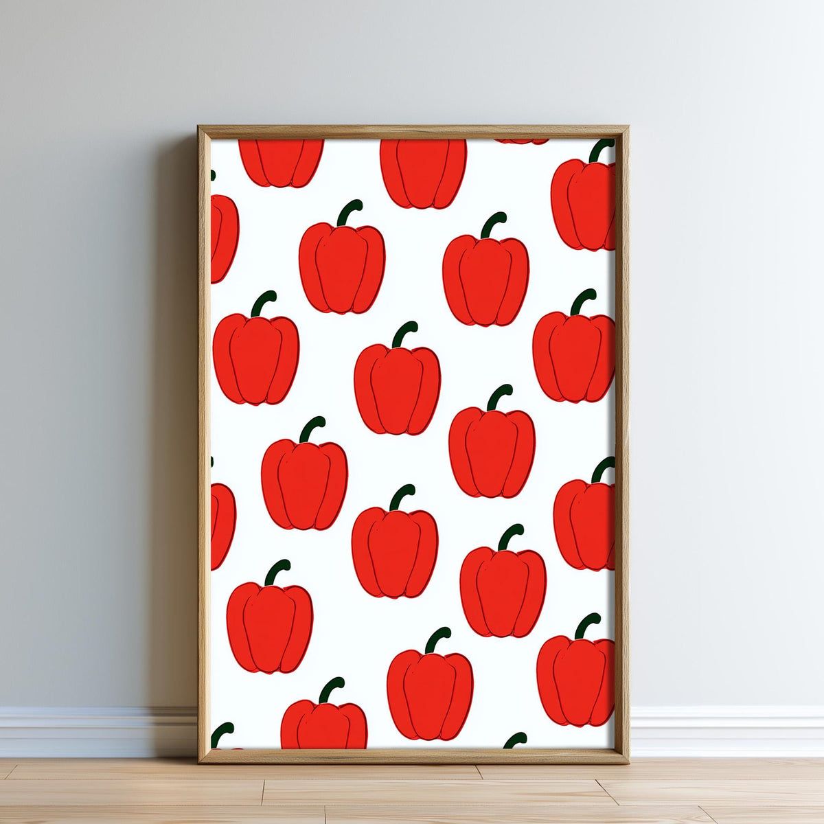 a repeating pattern of red peppers on a white background, creating a visually striking and vibrant design.