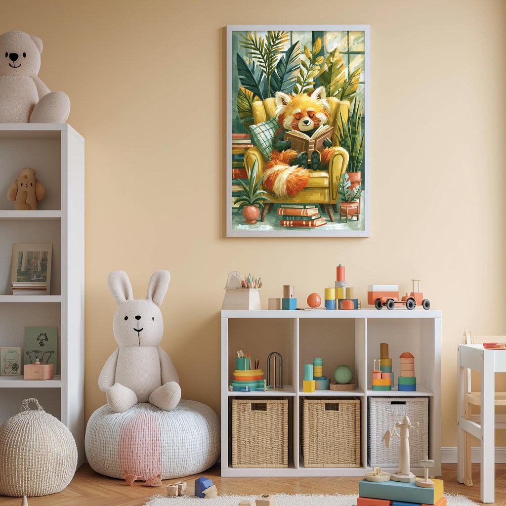 A cozy children's room with a large stuffed rabbit sitting on a bean bag chair, surrounded by various toys and books. A framed painting of a red panda reading a book is displayed on the wall above a white bookshelf filled with children's books.