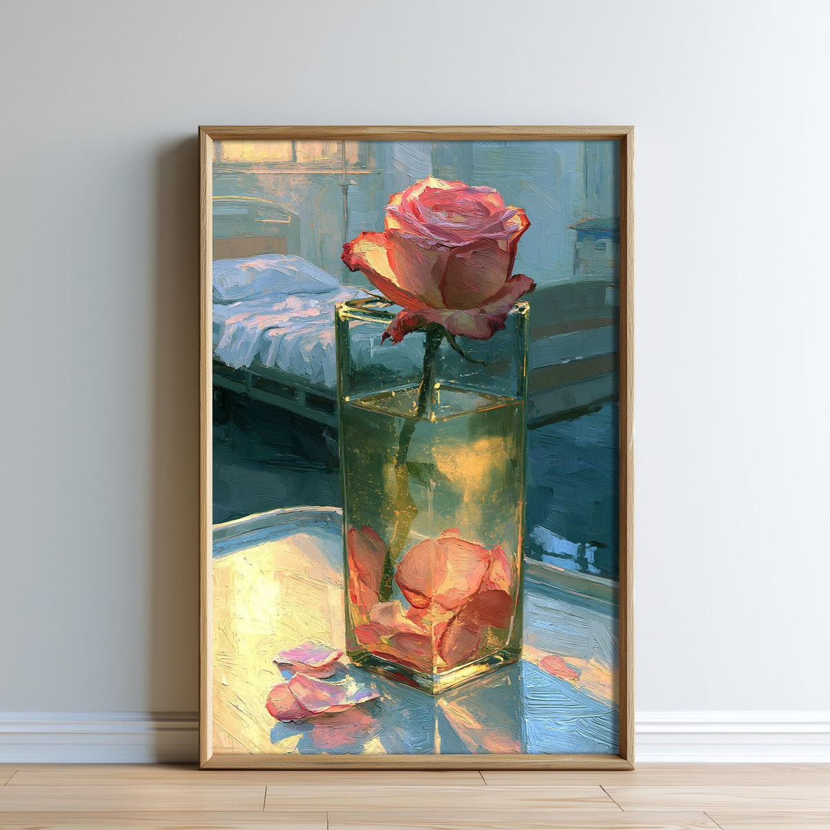 A framed painting depicting a single pink rose in a glass vase, with a bed and window visible in the background.