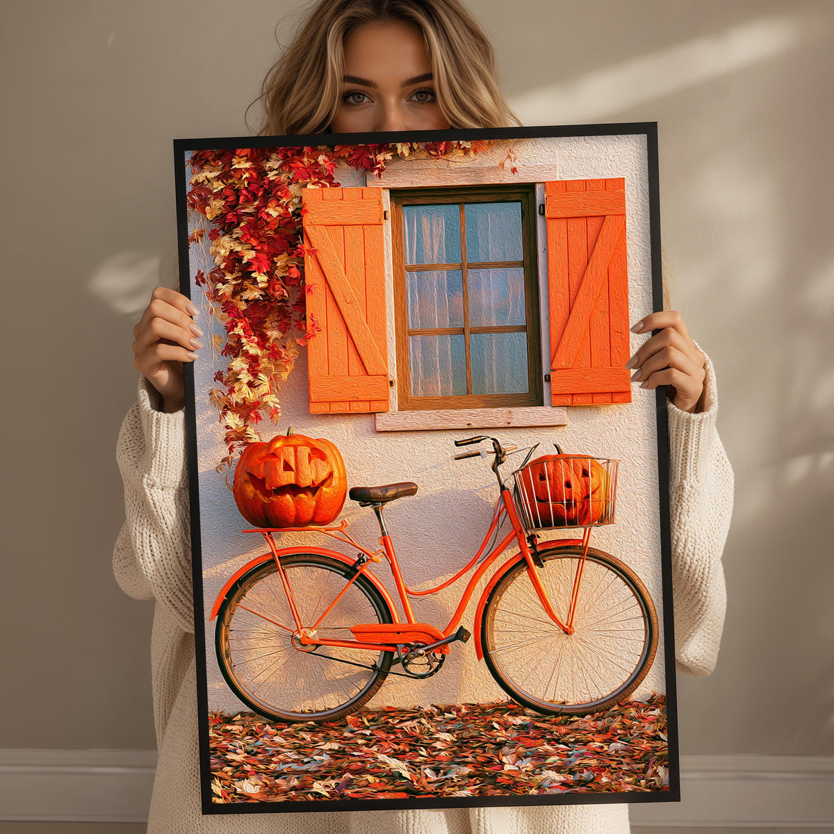 A woman holds up a framed image depicting a bicycle with carved pumpkins on the back, set against a backdrop of a window with orange shutters and a wall with fall foliage.