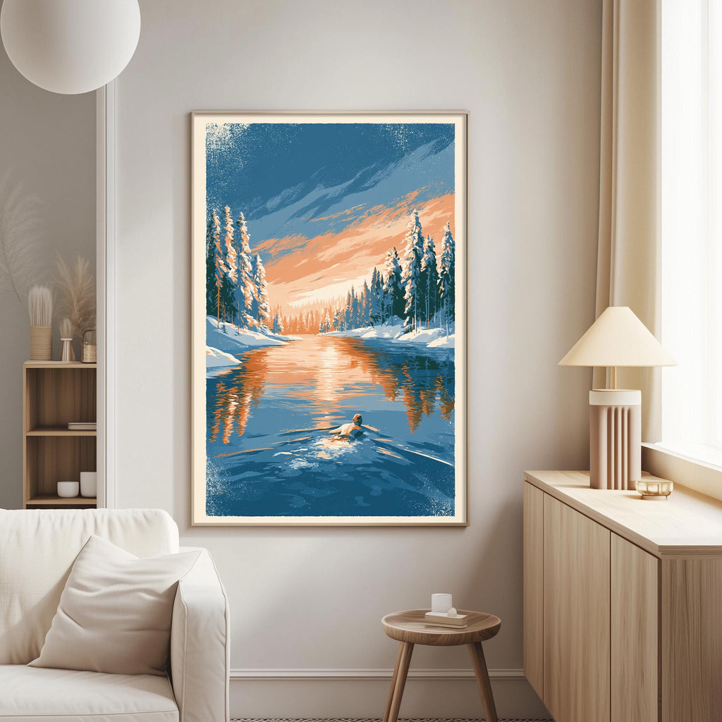 a large framed painting of a serene winter landscape, depicting a person skiing on a frozen lake surrounded by snow-covered trees.