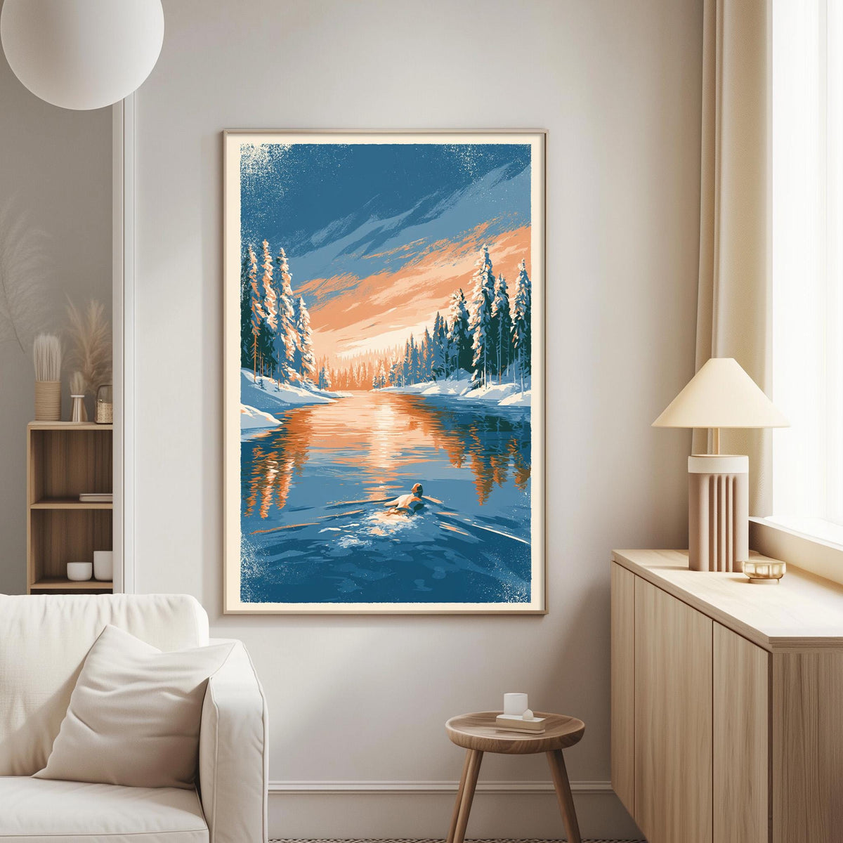 a large framed painting of a serene winter landscape, depicting a person skiing on a frozen lake surrounded by snow-covered trees.