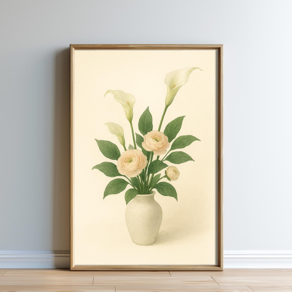 A framed painting of a vase with white lilies and roses on a light-colored background.