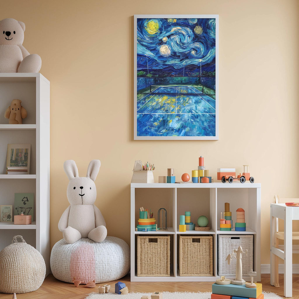 A child's bedroom with a large Starry Night painting on the wall, a white bookshelf filled with toys, and a stuffed rabbit sitting on a bean bag chair.