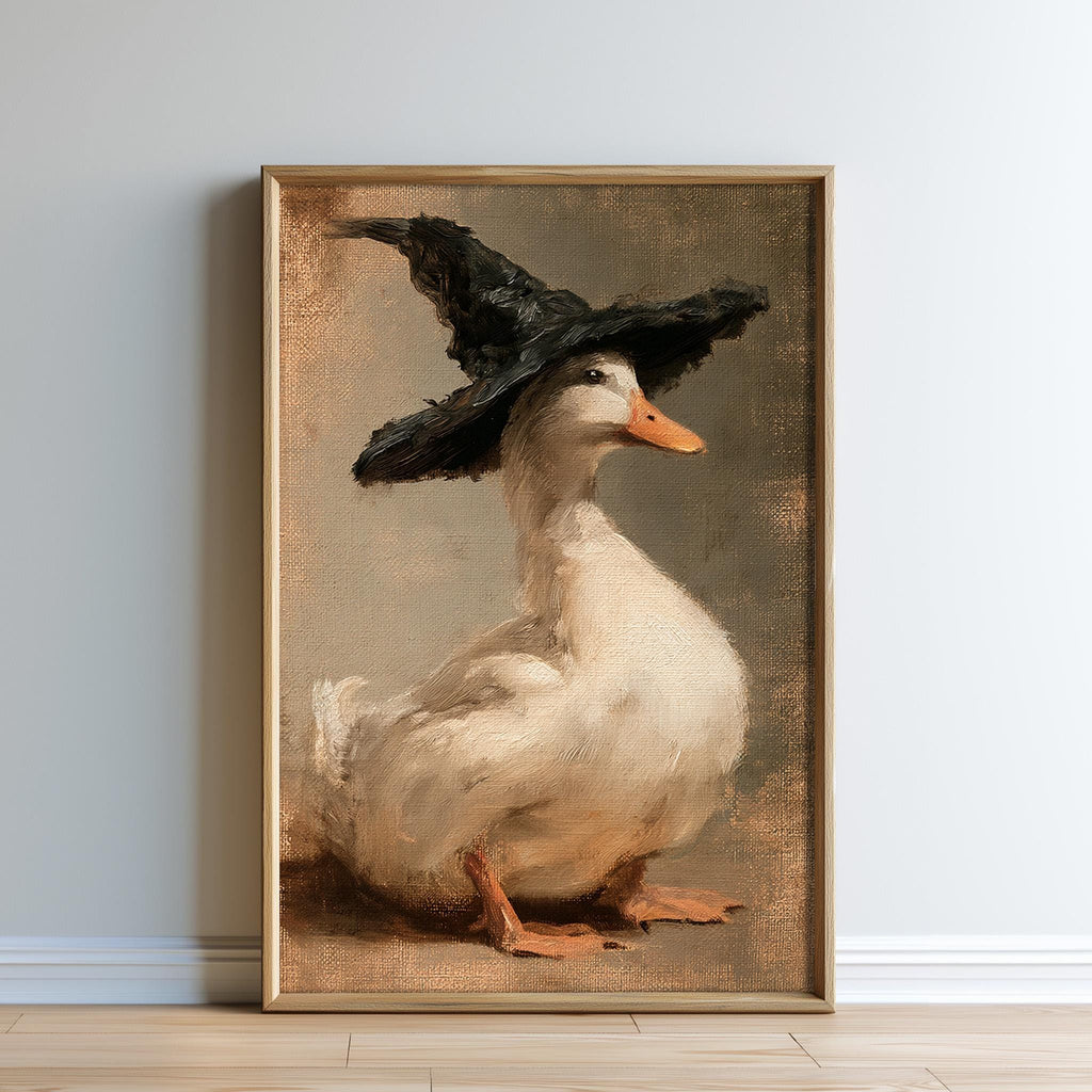 A painting of a duck wearing a black witch's hat.