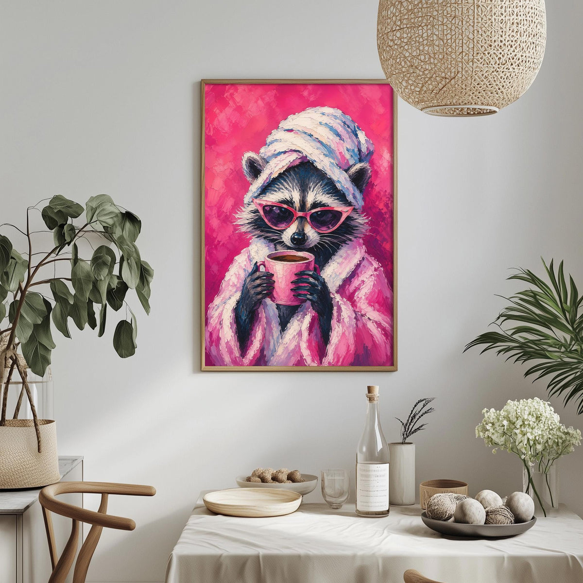 a raccoon wearing a pink robe and sunglasses, holding a cup, and surrounded by various decorative elements such as plants, a bowl, and a bottle.