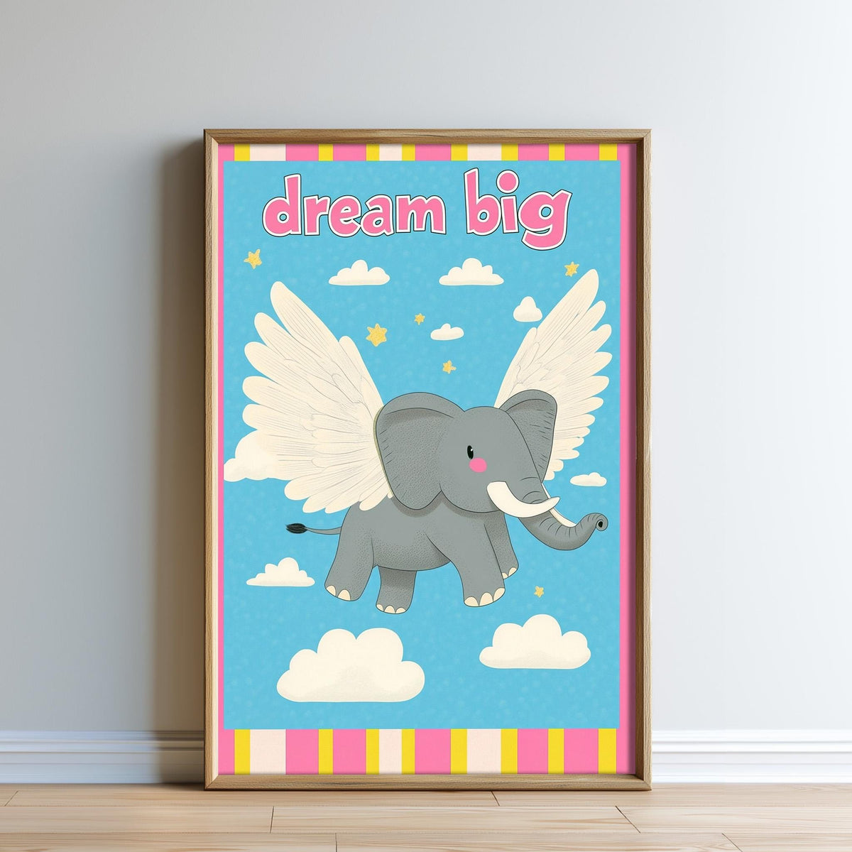 The image is a framed poster featuring an illustration of a gray elephant with wings, flying through a blue sky with clouds and stars.