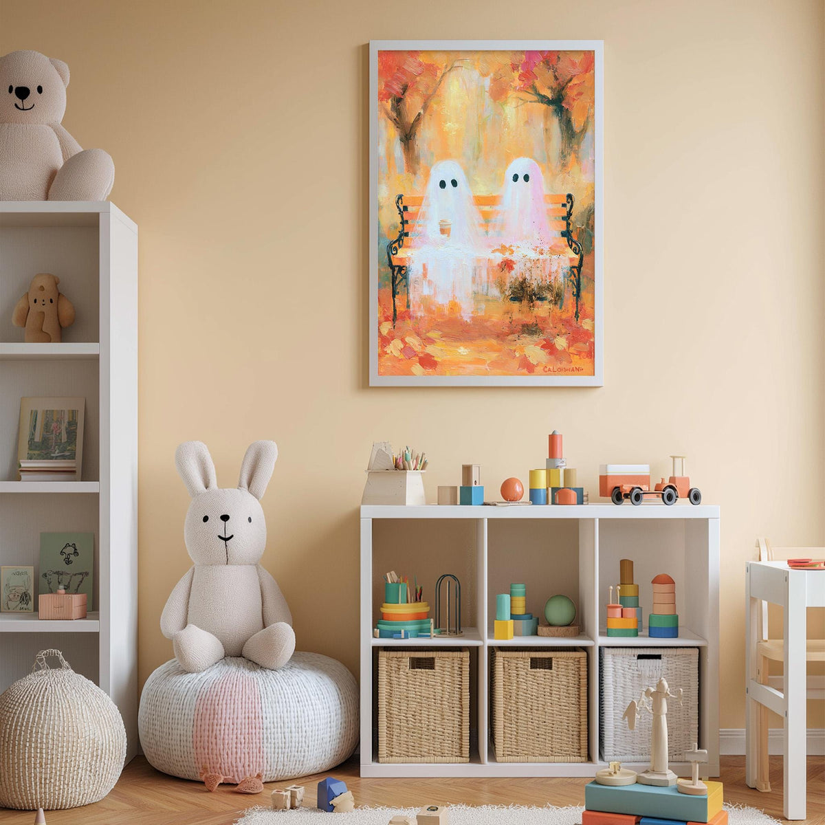A cozy children's room with a white bookshelf, a plush bunny, and a colorful painting of two ghostly figures on a bench.