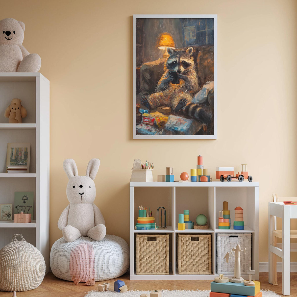a cozy and colorful children's bedroom, featuring a large painting of a raccoon on the wall, a bookshelf filled with toys, and a bean bag chair.
